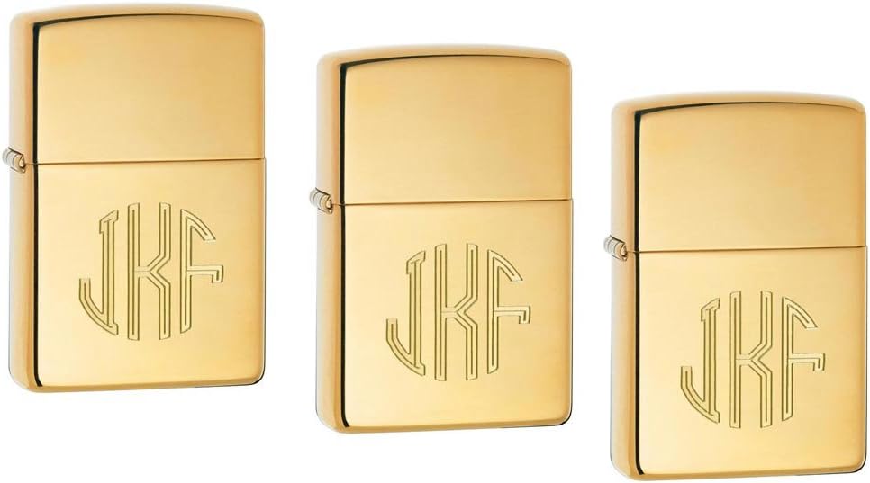 Personalized Set of 3 Polished Brass Armor Zippo with Free Circle Monogram