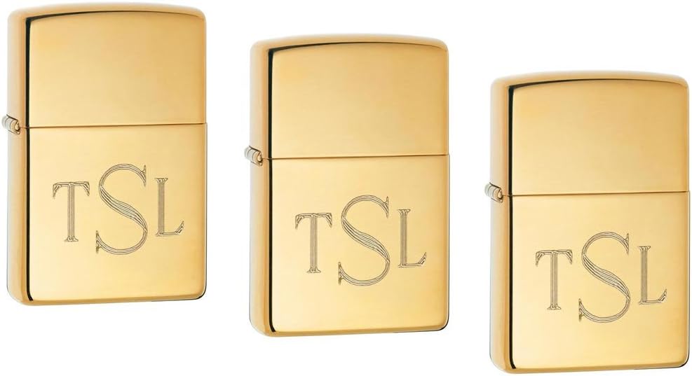 Personalized Set of 3 Polished Brass Armor Zippo Lighters with Free Monogram