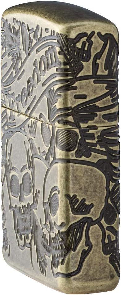 Zippo Armor Freedom Skull Antique Brass Pocket Lighter, One Size