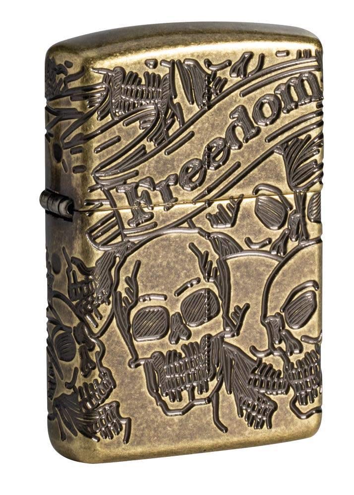 Zippo Armor Freedom Skull Antique Brass Pocket Lighter, One Size