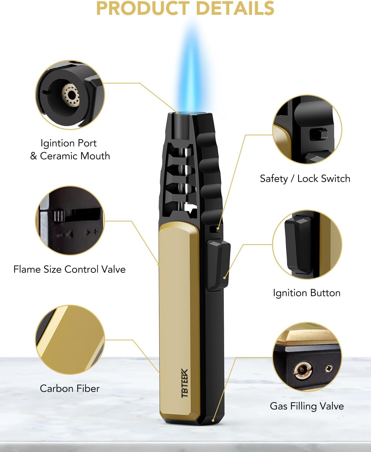TBTeek Butane Torch Lighter - Adjustable Jet Flame Lighter, Refillable Bright Fire Blow Torch, Cooking Lighter with Safety Lock for creme, BBQ, Baking, Candle, Camping, Gold (Gas Not Included)