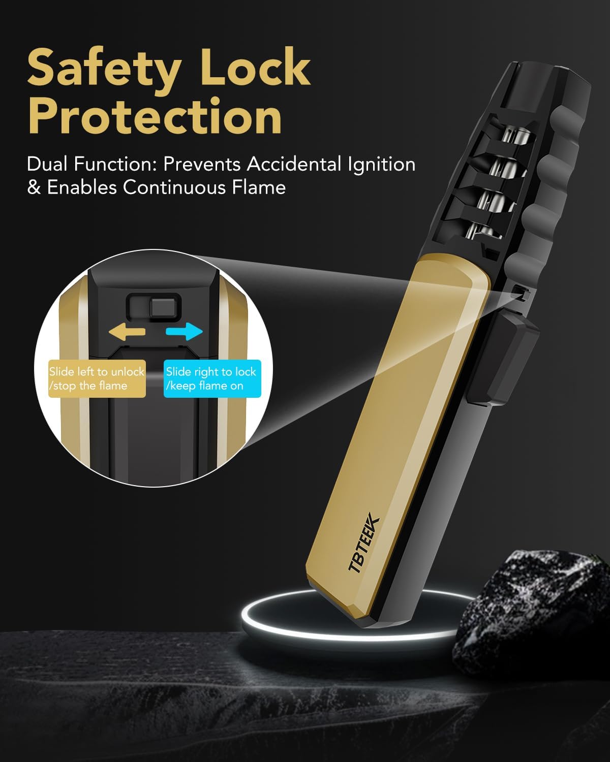 TBTeek Butane Torch Lighter - Adjustable Jet Flame Lighter, Refillable Bright Fire Blow Torch, Cooking Lighter with Safety Lock for creme, BBQ, Baking, Candle, Camping, Gold (Gas Not Included)