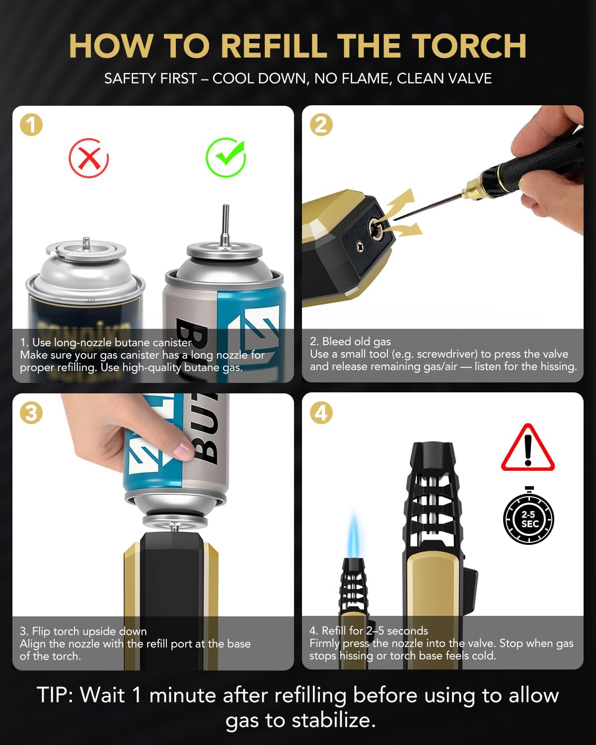TBTeek Butane Torch Lighter - Adjustable Jet Flame Lighter, Refillable Bright Fire Blow Torch, Cooking Lighter with Safety Lock for creme, BBQ, Baking, Candle, Camping, Gold (Gas Not Included)