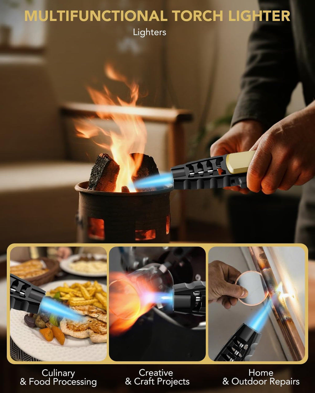 TBTeek Butane Torch Lighter - Adjustable Jet Flame Lighter, Refillable Bright Fire Blow Torch, Cooking Lighter with Safety Lock for creme, BBQ, Baking, Candle, Camping, Gold (Gas Not Included)