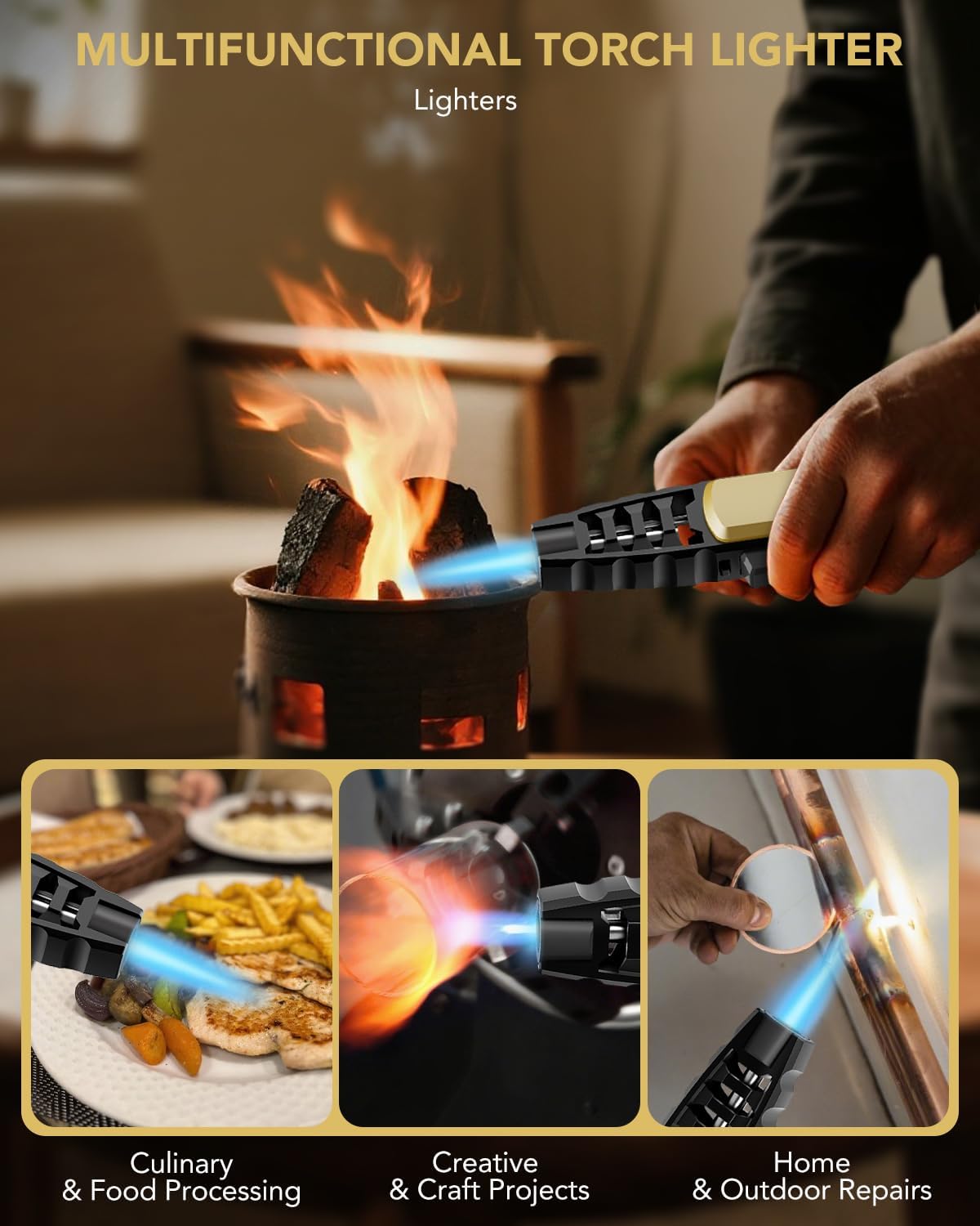 TBTeek Butane Torch Lighter - Adjustable Jet Flame Lighter, Refillable Bright Fire Blow Torch, Cooking Lighter with Safety Lock for creme, BBQ, Baking, Candle, Camping, Gold (Gas Not Included)