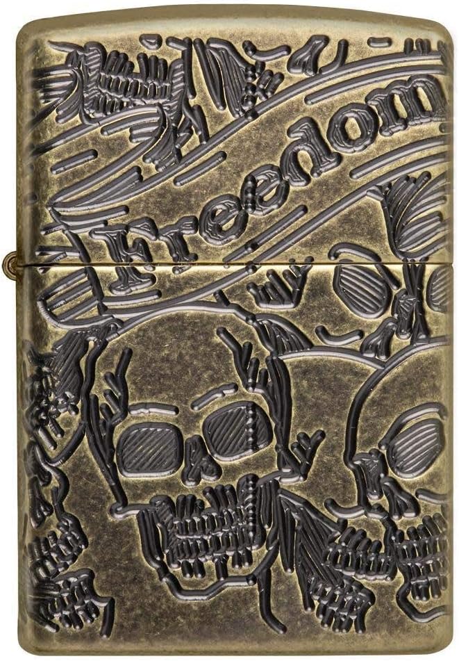 Zippo Armor Freedom Skull Antique Brass Pocket Lighter, One Size