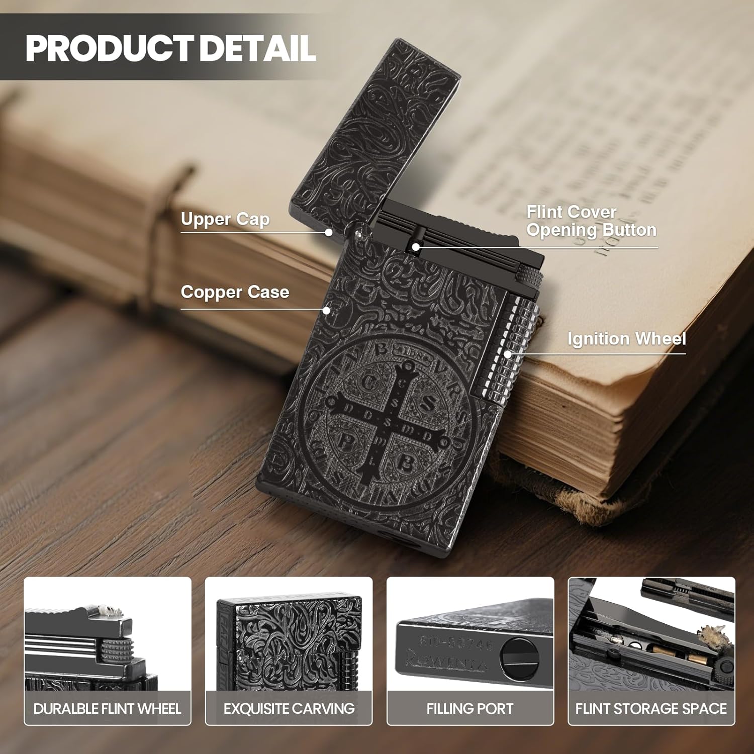 YUSUD Carved Constantine Lighter, Vintage Trench Lighters, Copper Unique Lighters One Piece Kerosene Fluid Refill, Cool Lighter for Men Dad - Antique Heavy Duty Armor Style