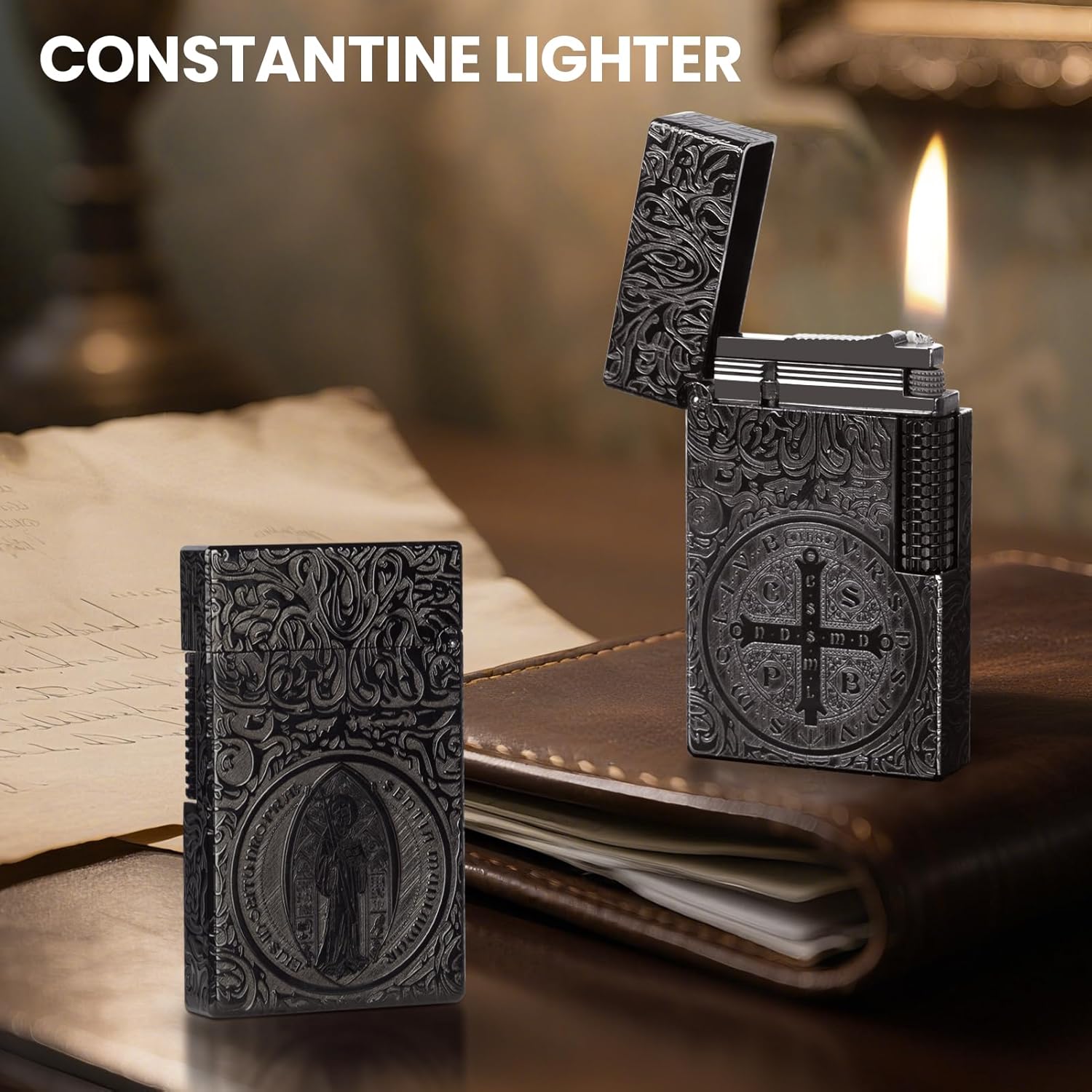 YUSUD Carved Constantine Lighter, Vintage Trench Lighters, Copper Unique Lighters One Piece Kerosene Fluid Refill, Cool Lighter for Men Dad - Antique Heavy Duty Armor Style