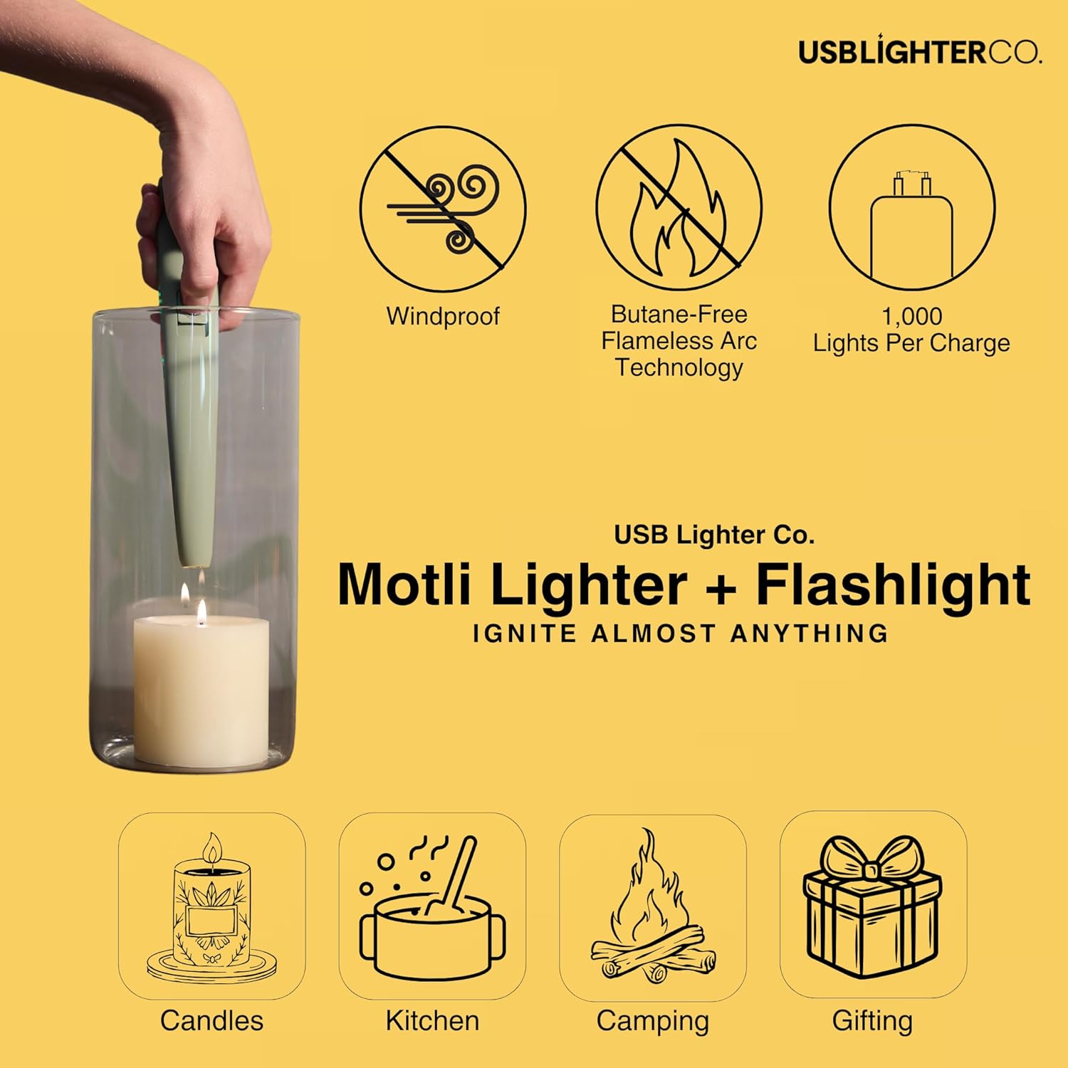 USB Lighter Co. MOTLI Electric Arc Windproof Flameless USB Rechargeable Lighter with Flashlight & Safety Lock for Candle Camping BBQ Grill Gift Outdoors (Dessert Sand)