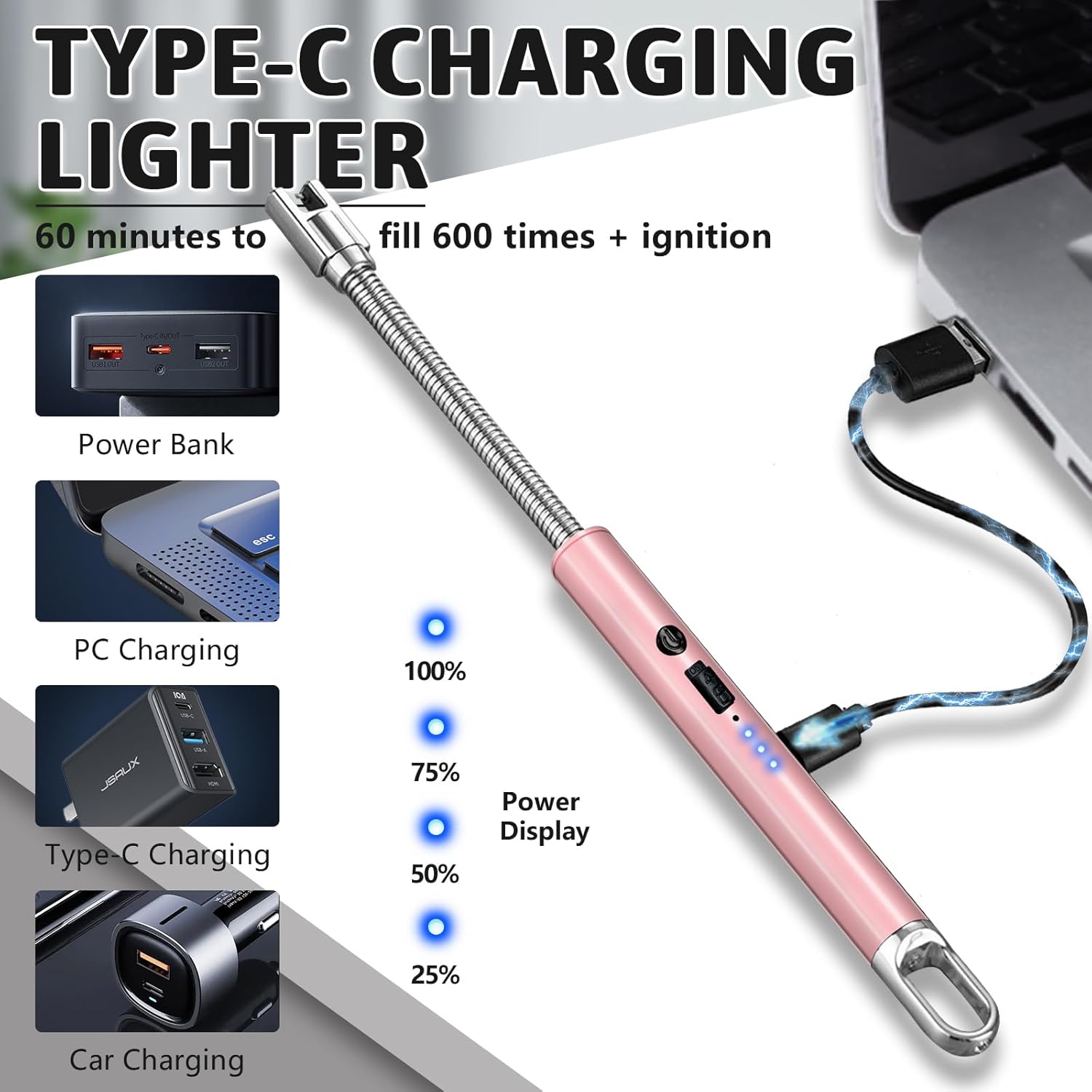 2 PCS Electric Lighter, Candle Lighter Arc Windproof Flame-Less with 360° Flexible Neck & LED Power Display, Type-C Rechargeable for BBQ, Grill, Camping, Fireplace, Stove