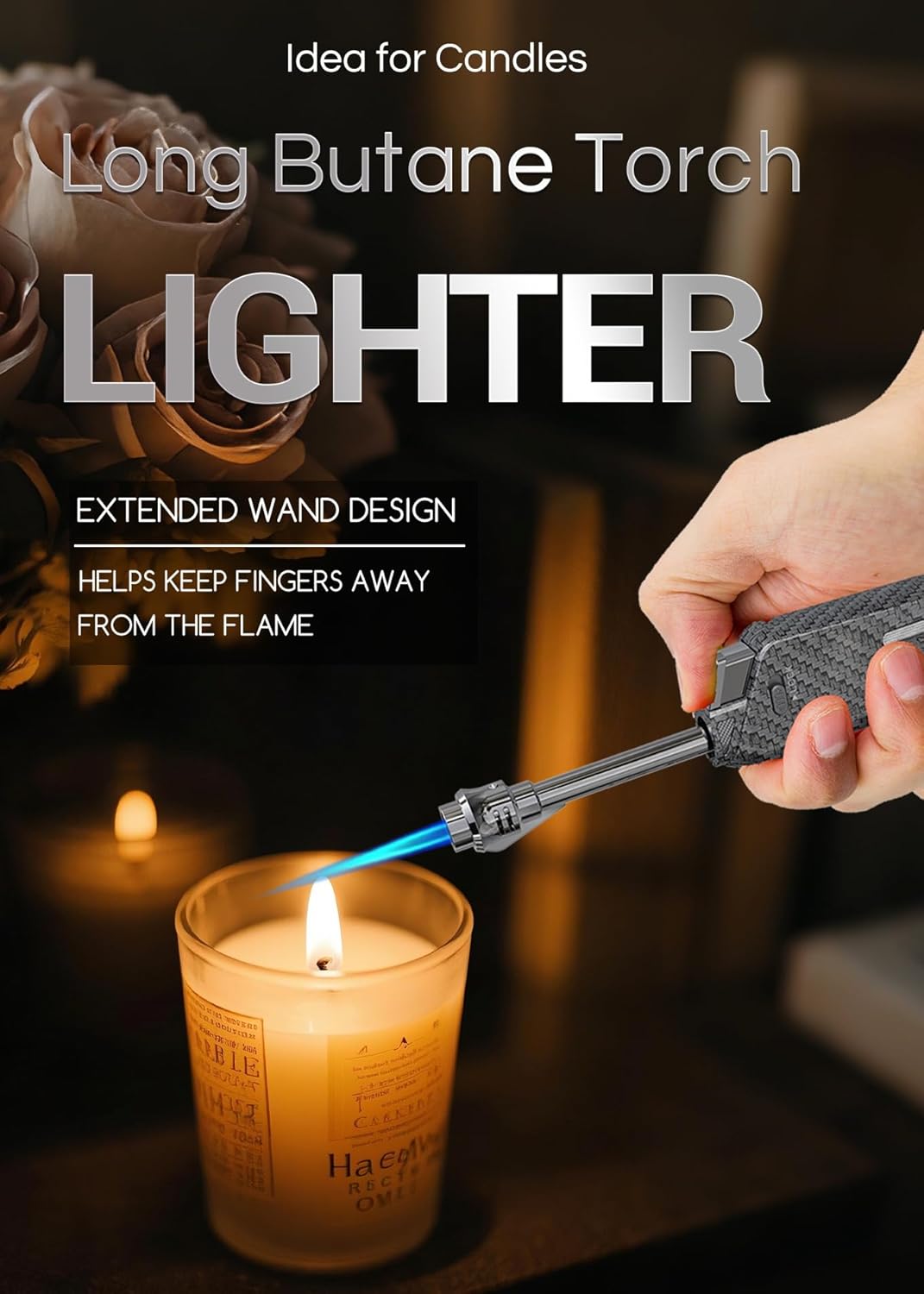 Long Torch Lighter with Extended Tip, Jet Flame Windproof Lighter Butane Refillable, 2 Pack Adjustable Butane Lighters for Candle Fireplace Camping BBQ Lighters Gift for Man Women (Without Fuel)