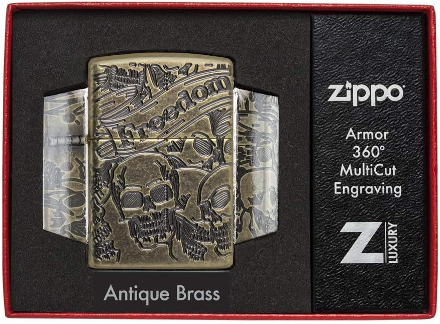 Zippo Armor Freedom Skull Antique Brass Pocket Lighter, One Size
