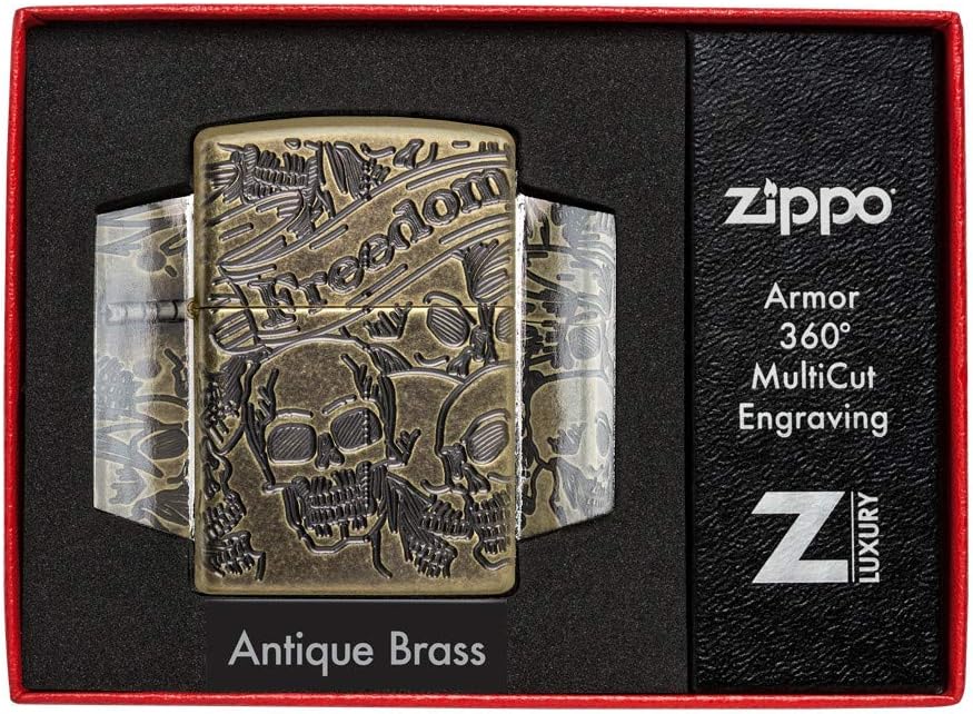 Zippo Armor Freedom Skull Antique Brass Pocket Lighter, One Size