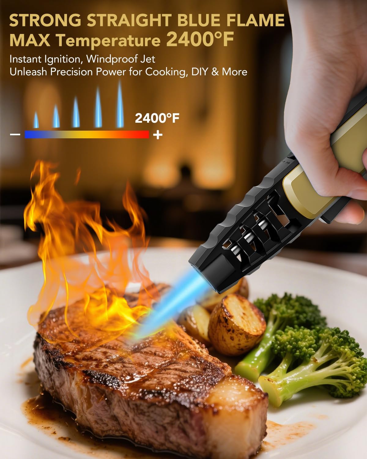 TBTeek Butane Torch Lighter - Adjustable Jet Flame Lighter, Refillable Bright Fire Blow Torch, Cooking Lighter with Safety Lock for creme, BBQ, Baking, Candle, Camping, Gold (Gas Not Included)