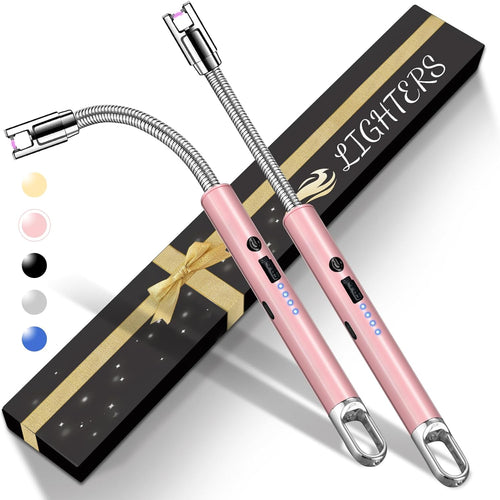2 PCS Electric Lighter, Candle Lighter Arc Windproof Flame-Less with 360° Flexible Neck & LED Power Display, Type-C Rechargeable for BBQ, Grill, Camping, Fireplace, Stove