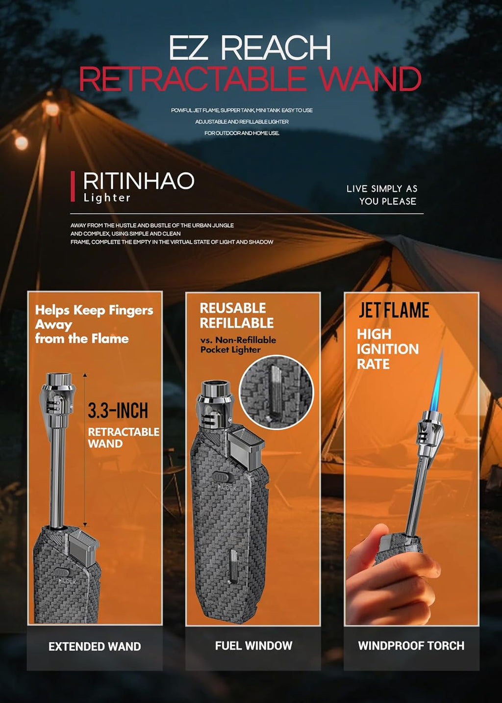Long Torch Lighter with Extended Tip, Jet Flame Windproof Lighter Butane Refillable, 2 Pack Adjustable Butane Lighters for Candle Fireplace Camping BBQ Lighters Gift for Man Women (Without Fuel)