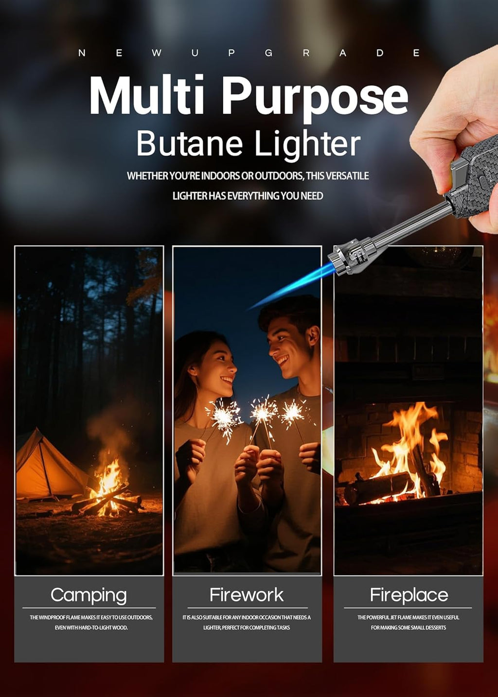 Long Torch Lighter with Extended Tip, Jet Flame Windproof Lighter Butane Refillable, 2 Pack Adjustable Butane Lighters for Candle Fireplace Camping BBQ Lighters Gift for Man Women (Without Fuel)