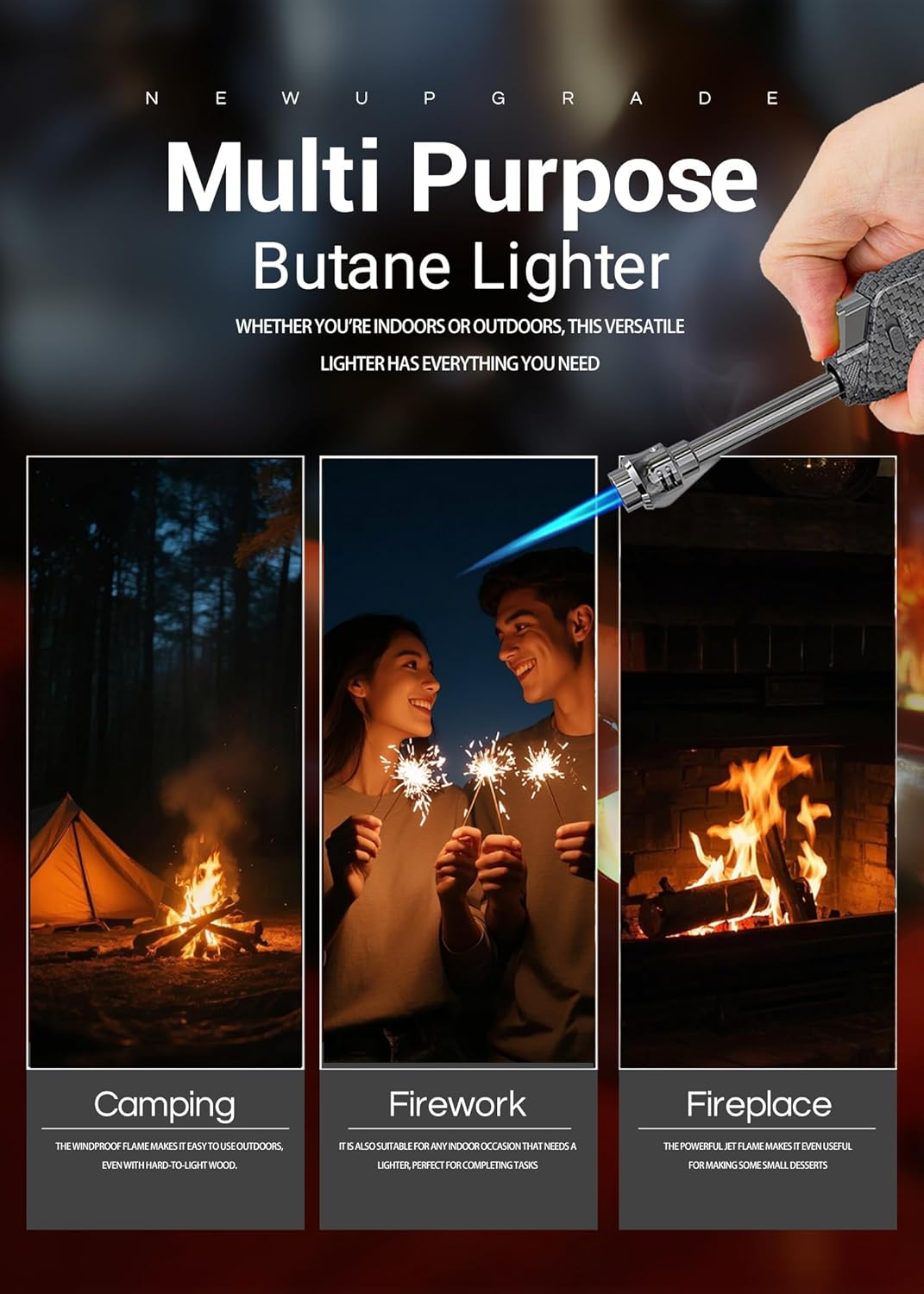 Long Torch Lighter with Extended Tip, Jet Flame Windproof Lighter Butane Refillable, 2 Pack Adjustable Butane Lighters for Candle Fireplace Camping BBQ Lighters Gift for Man Women (Without Fuel)