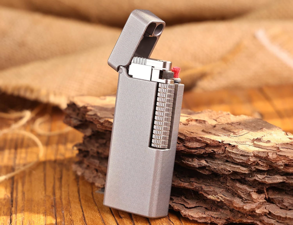 WDMART- TC4 Titanium Mechanical Trench Lighter • Retro Soft Flame Oil Lighter • Cool Open Flame Kerosene Lighters one Click lid Opening • Model：Flame Spirit (JD)