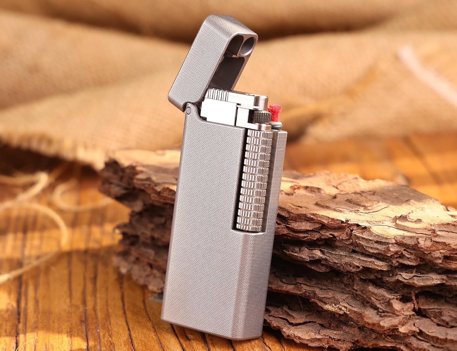 WDMART- TC4 Titanium Mechanical Trench Lighter • Retro Soft Flame Oil Lighter • Cool Open Flame Kerosene Lighters one Click lid Opening • Model：Flame Spirit (JD)