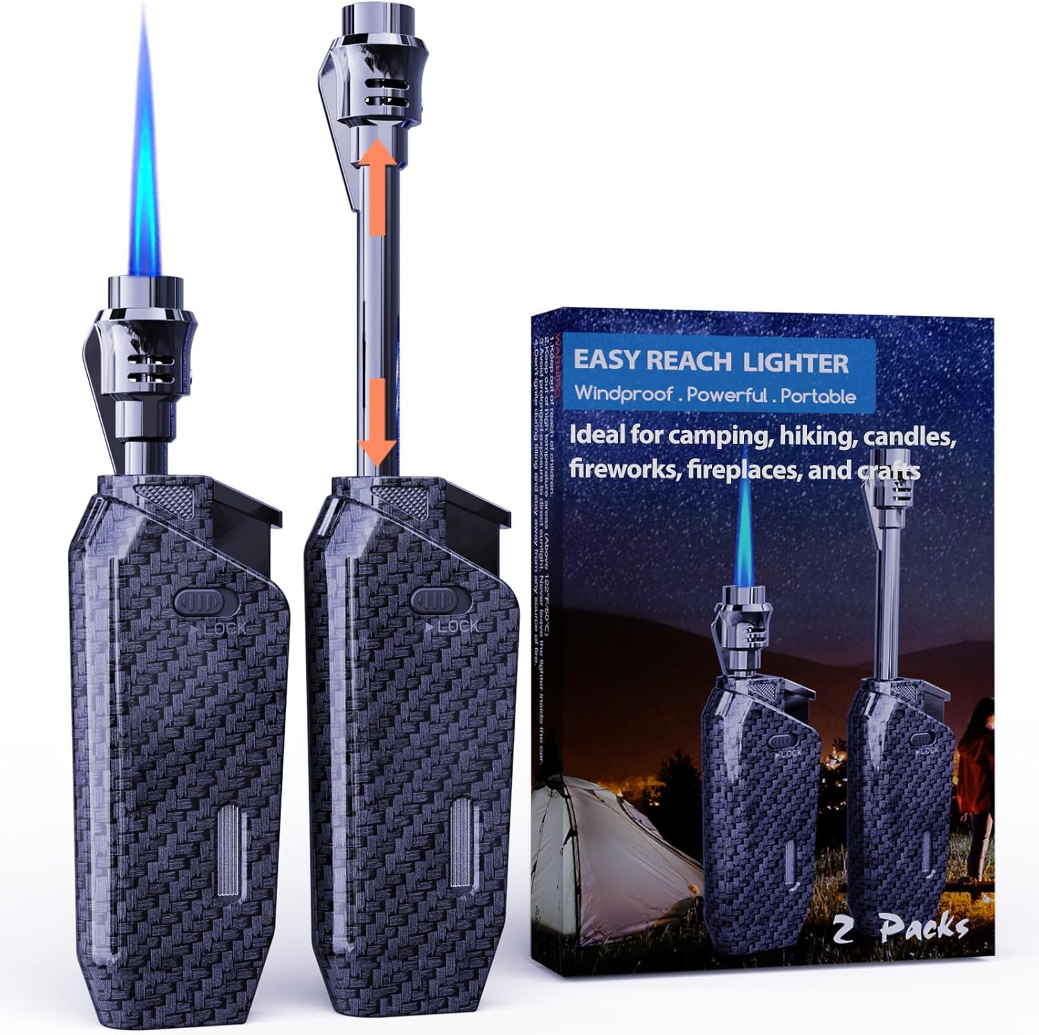 Long Torch Lighter with Extended Tip, Jet Flame Windproof Lighter Butane Refillable, 2 Pack Adjustable Butane Lighters for Candle Fireplace Camping BBQ Lighters Gift for Man Women (Without Fuel)
